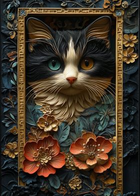 Cat Portrait in Floral Frame