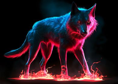 Neon Wolf with Flames