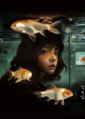 Woman and goldfish in the depths of the aquarium