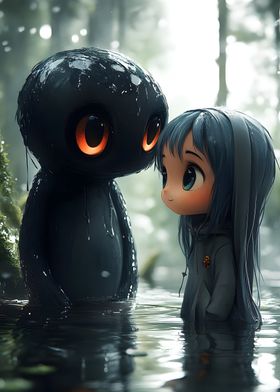 Girl and Creature in Forest