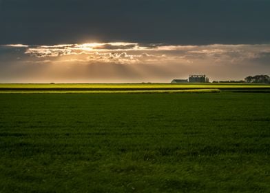 Sunset Over Green Fields