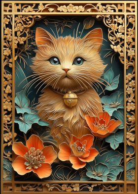 Golden Cat in Floral Frame