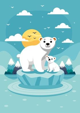 Polar Bear Family on Ice Floe