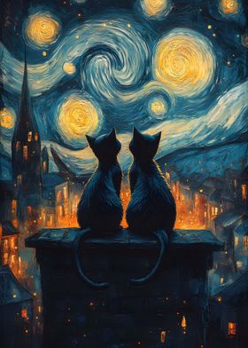 Cats Under Starry Night