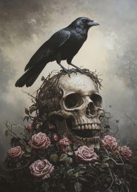 Crow on Skull with Roses