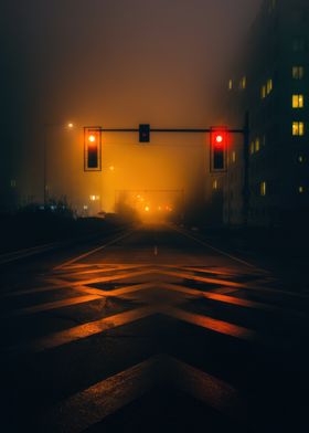 Foggy City Street at Night Traffic Light