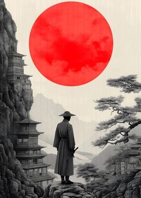 Samurai Under Red Moon Landscape  Japanese