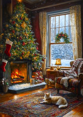 Cozy Christmas Fireplace Painting