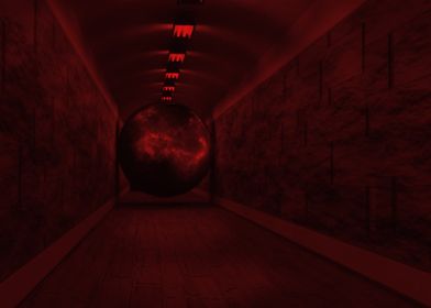 Red Corridor with Galaxy Sphere