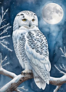 Snowy Owl Under Moonlight