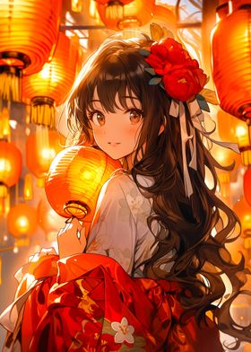 Anime Girl with Lanterns