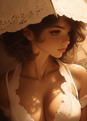 Woman in White Lace Dress Anime Girl