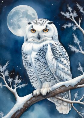 Snowy Owl Under Moonlight