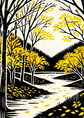 Yellow Autumn River Landscape