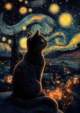 Black Cat Under Starry Night