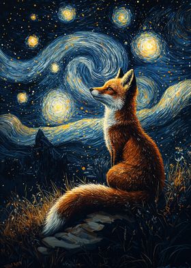 Fox Under Starry Night