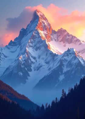 Snowy Mountain Peak at Sunset