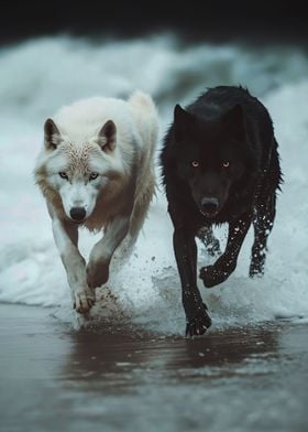 White and Black Wolves Running