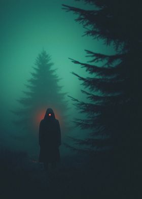 Lonely Wanderer in Dark Misty Forest