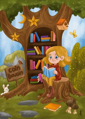 Girl Reading in Tree Library