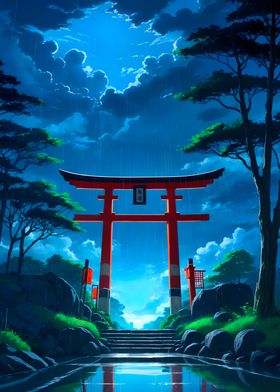 Japanese Torii Gate in Rain