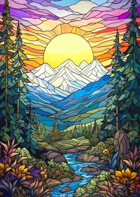 Stained Glass Mountain Sunset