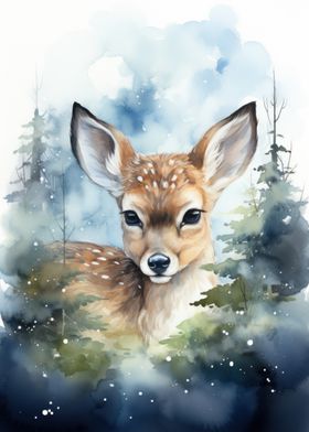 Fawn in Winter Forest