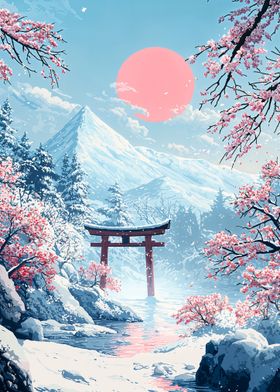 Snowy Mountain Landscape with Torii Gate