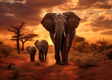 Elephant Family at Sunset