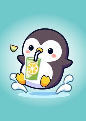 Cute Cartoon Chibi Penguin Drinking Lemonade