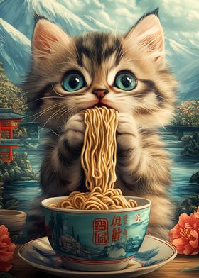 Cute Cat Eating Ramen Noodles