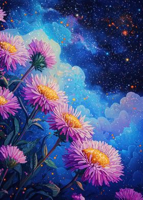 Flowers Under Starry Sky