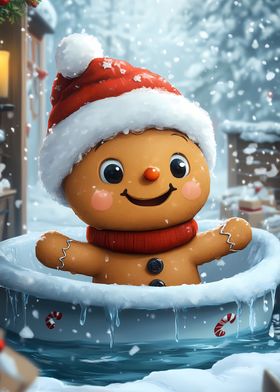 Gingerbread Man in Snow Tub Christmas Kid