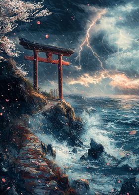 Stormy Seascape with Torii Gate