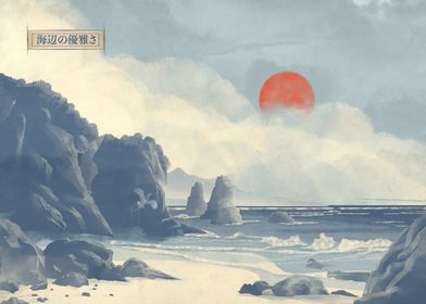 Poster Elegance by the Shore — part of the series Eternal Passage: Seasons of Japan, portraying the samurai's journey through ancient, epic Japan