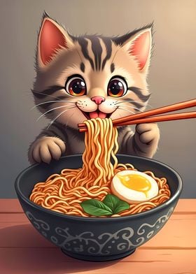 Cute Cat Eating Ramen Noodles