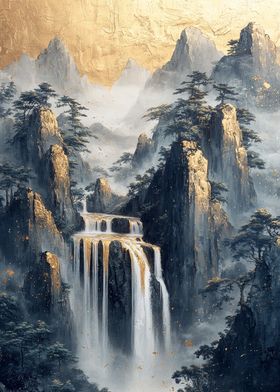 Golden Waterfall Landscape