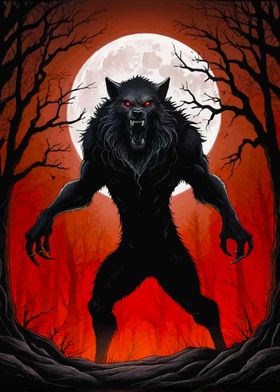 Black Werewolf Under Full Moon