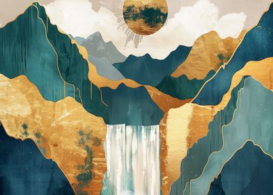 Golden Waterfall Landscape