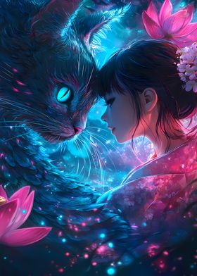 Anime Girl and Cat Lotus Cherry Blossoms