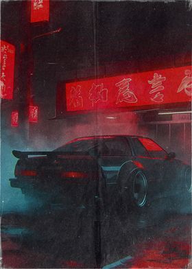 Japanese Street Scene with Car