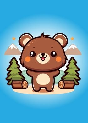 Kawaii Cute Bear Cartoon in Forest