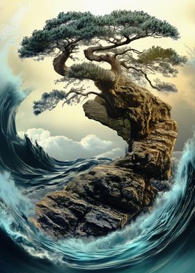 Bonsai Tree on a Cliff tranquil scenery