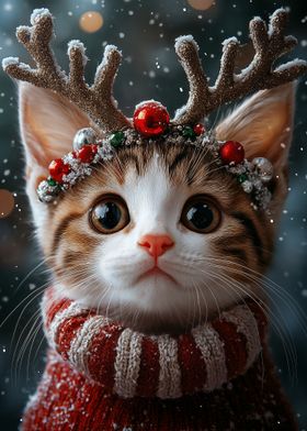 Christmas Cat with Reindeer Antlers