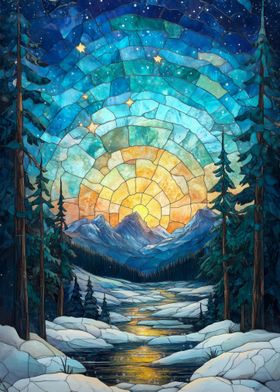 Stained Glass Mountain Sunset