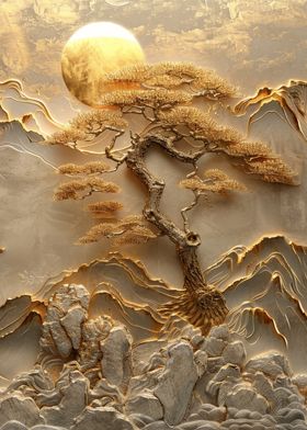 Gold Leaf Tree & Mountains