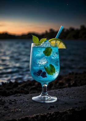 Blue Lagoon Cocktail at Sunset