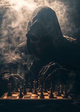 Grim Reaper Playing Chess Dark Art Grim Chess Match Eerie Mysterious Game Board Game Death Fantasy Artwork