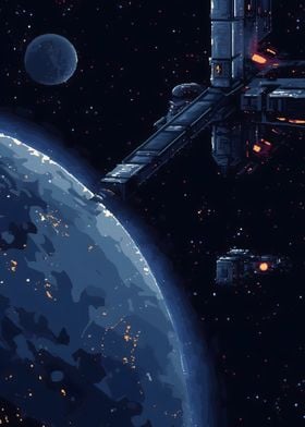 8 Bit Pixel - Space Station Orbiting Earth