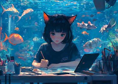 Anime Girl Drawing Underwater